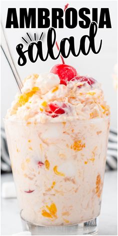 an image of ambrosia salad in a glass bowl with the words ambrosia salad above it