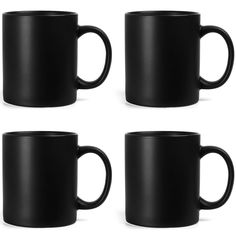 four black coffee mugs sitting next to each other