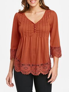 V Neck Button Deatil Top - Dark Orange - 3O83251624 - Women's Clothing, Women's Tops & T-Shirts, Women's T-Shirts  #WomensTShirts #Women's #Clothing # #Women's #Tops #& #TShirts # #Women's #TShirts Blouse Outfit Casual, Cutwork Lace, Awesome Blouse, Blouse Tank Top, Chic Blouses, Casual Summer Tops, Pretty Blouses, V Neck Top, Dark Orange