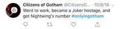 an image of a twitter post with the caption that reads, citizens of gotham got to work become a joker hostage and get lightning's number