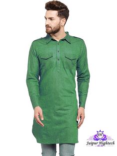 We bring to you this elegant design wedding party wear pathani style kurta long shirt summer outfit for men. This is Indian handmade cotton fabric men's wear versatile kurta. This plus size designer tunic has stylish straight collar neckline and graceful sleeve. This beautiful shirt top is made of cotton fabric so it will be comfortable and stylish. Increase your wardrobe collection as you wear this versatile kurta top from the house of Jaipur Hightech.  Give yourself a best ethnic look by wearing this traditional kurta made in India, this is Regular-Fit and Formal kurta. This is light weight cotton material man's wear sophisticated kurta tunic and it will be soft on your skin.  Team this with a pair of Mojris to give a classy touch to your ethnic look. This luxury gorgeous Indian kurta to Traditional Cotton Shirt For Eid, Cotton Long Sleeve Sherwani For Festivals, Cotton Long Sleeve Sherwani For Eid, Traditional Green Cotton Shirt, Unstitched Green Cotton Sherwani, Bollywood Style Cotton Long Sleeve Sherwani, Bollywood Cotton Long Sleeve Sherwani, Cotton Green Sherwani, Bollywood Style Long Sleeve Cotton Sherwani