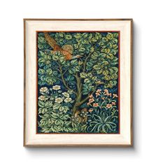 an image of a painting with birds and flowers on the tree branch in front of it