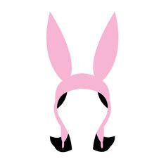 a pink bunny's head with black ears and feet on white background, illustration