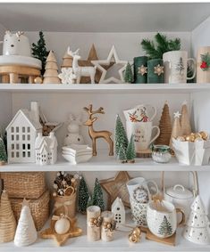 a shelf filled with lots of christmas decorations and other items on top of each shelf