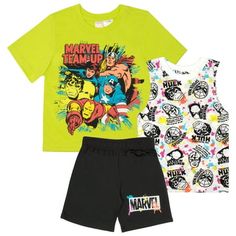 Team up with your favorite Marvel superheroes and live out your best adventures in this kids 3-piece set with a short-sleeve t-shirt, a tank top, and a pair of shorts. Perfect for playing superhero during the day or hanging out with friends later on! These items feature colorful graphics of your kids favorite Marvel characters like Hulk, Captain America, and Iron Man. This awesome superhero outfit set is available in sizes 4, 5/6, 7, and 8. Made with comfortable fabric and high-quality materials Green Cartoon Print Summer Sets, Green Cotton Sets With Character Print, Cotton Character Print Sets For Playwear, Casual Playwear Sets With Character Print, Playful Character Print Crew Neck Sets, Multicolor Character Print Summer Sets, Fun Cotton Sets With Character Print, Fun Cotton Sets With Graphic Print, Cotton Sets With Character Print In Fun Style