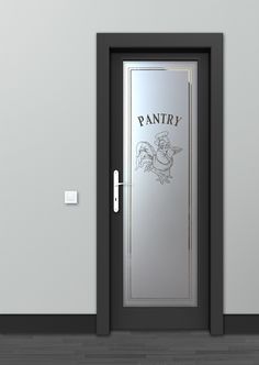 an empty room with a door that has the name pantry on it and a cartoon character