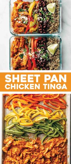 two pans filled with chicken and veggies next to the words sheet pan chicken tinga