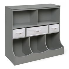 a gray bookcase with four bins and three drawers