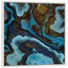 an abstract painting with blue, gold and black colors on it's surface is shown