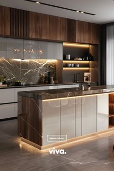 a modern kitchen with marble counter tops and wooden cabinetry, along with an island in the middle