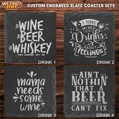 four coasters with the words wine, beer and other things on them in different styles