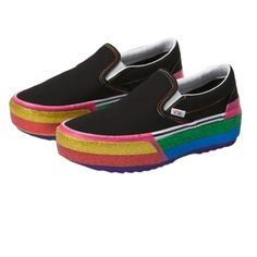 Nwt Vans Classic Slip-On Stacked Platform Rainbow Glitter Sneakers Size: 6 Shoes Do Not Ship In Original Box -Canvas Upper -Platform Height Approximately 1.75” Black Vans Shoes, Velvet Vans, Vans Platform, Green Suede Shoes, Vans Shoes Women, Purple Vans, Black Canvas Shoes, Leather Vans, Vans Suede