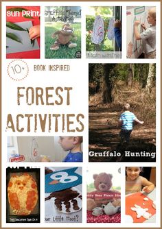 a collage of photos with the words forest activities written on them and pictures of children in