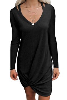 Black Jersey Twist T-shirt Dress Casual Black T-shirt Dress For Fall, Tunic Dresses, Loose Tunic, Long Sleeve Casual Dress, Black Jersey, Shirt Dress Casual, Long Shirt Dress, Night Out Dress, Black Shirt Dress