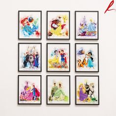 there are six disney princess pictures on the wall