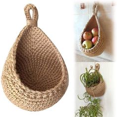 there are two baskets with plants in them and one is hanging on the wall next to it