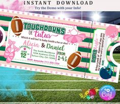 a pink and green striped ticket for a football themed baby's first birthday party