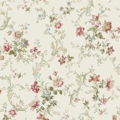 a floral wallpaper with many flowers and vines on it's sides, including roses