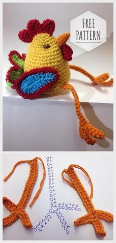 the crocheted chicken is sitting next to an image of it's head