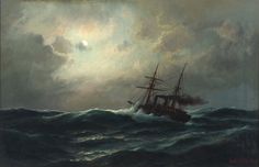 a painting of a ship in rough seas