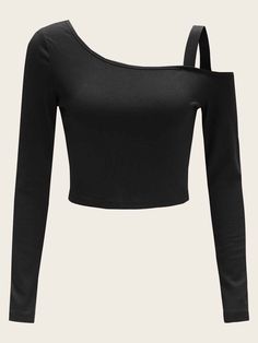 Black Elegant  Long Sleeve Polyester Plain  Embellished Slight Stretch Spring/Fall Women Tops, Blouses & Tee Rib Knit Top, Kawaii Fashion Outfits, Ribbed Knit Top, Knit Sleeve, Women T Shirts, Knitted Tshirt, Teenage Fashion Outfits, Shein Style, Fashion News