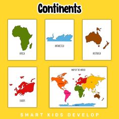 four maps of the world with different countries on them, and text that reads continents smart kids development