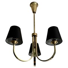 two light chandelier with black shades on it