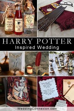 harry potter inspired wedding with red and gold decorations, wine bottles, cards, and other items