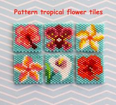 You will receive diagrams for 7 squares with 4 different flowers - Plumeria and Hisbiscus in 2 color variations as well as calla and orchid and as a bonus a flamingo square. Knowledge of the Odd Count Peyote stitch or Brick Stitch is assumed. Instructions for these stitches are not included, but you can find numerous, easy-to-understand tutorials on the Internet. The English-language PDF file contains 1 graphic with the alphabetical name of the colors, the number of Miyuki Delica beads required Flower Tiles, Graphic Tiles, Flower Tile, Tropical Flower, Beading Projects, Graphic Patterns