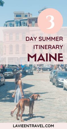 a woman walking her dog down the street with text overlay reading 3 day summer itinerary maine