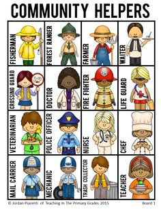 the community helpers poster is shown in this graphic style, with different people on it