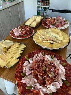 a table topped with lots of different types of cheeses and meats on plates