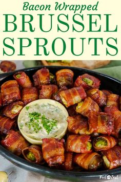 bacon wrapped brussel sprouts with a creamy dip in a bowl Appetizer Brussel Sprouts, Brussels Sprout Appetizers, Brussels Sprouts Appetizer, Brussel Sprouts Appetizer, Brussel Spouts, Warm Appetizers, Mustard Dip