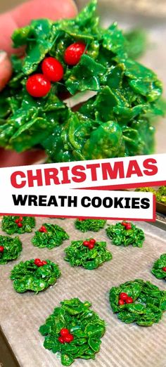 christmas wreath cookies on a cookie sheet with the title overlay