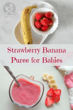 a bowl of strawberries, bananas and yogurt next to a banana on a plate