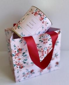 an open gift bag with a red ribbon tied around the bottom and inside, sitting on a white surface