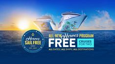 two cruise ships in the ocean with an all new logo and free cruises for two