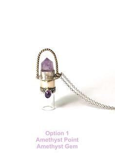 "Details: *.925 sterling silver *Natural Gemstone *Hand-made to appear vintage *Sterling silver rolo chain length is 24\" *Interest free split payments available (message to inquire) DIMENSIONS *Option 1 - bottle and pendant measures 2.625\" from base to top of bail. 2ml bottle *Option 2 - bottle and pendant measures 2.5\" from base to top of bail. 2ml bottle *Option 3 - bottle and pendant measures 2.75\" from base to top of bail. 2ml bottle *Option 4 - bottle and pendant measures 2.25\" from ba Sterling Silver Pendant Jewelry, Unique Silver Jewelry For Personal Use, Sterling Silver Necklace For Personal Use, Essential Oil Roller Bottle, Oil Roller, Bottle Pendant, Bottle Jewelry, Essential Oil Roller, Amethyst Point