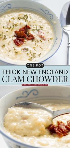 two bowls of thick new england clam chowder with spoons in each bowl