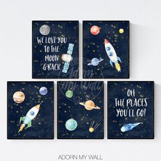 four wall hangings with the words, we love you to the moon and back on them