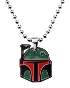 a boba fett necklace on a ball chain with a red and green boba fett pendant hanging from the front