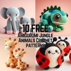 four crocheted animals are shown with the words 10 free amigurm jungle animals crochet patterns