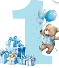 a birthday card with a teddy bear holding balloons and presents in front of the number one