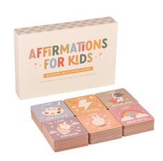 the card game affirmations for kids is shown in front of a box with four matching cards