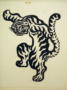 a black and white drawing of a tiger with stripes on it's back legs