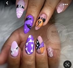 Disney Nails Acrylic Halloween, Pink Disney Halloween Nails, Disney World Nails Halloween, Mickeys Not So Scary Halloween Nails, Halloween Nails Mickey, Mickey Nails Halloween, Disney Nail Designs Halloween, Mickey Mouse Pumpkin Nails, Disney Halloween Acrylic Nails