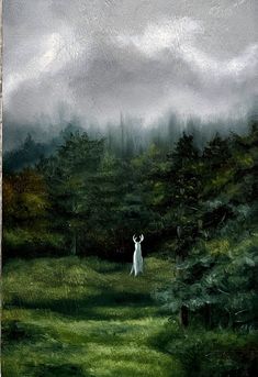 a painting of a person standing in the middle of a field with trees and grass