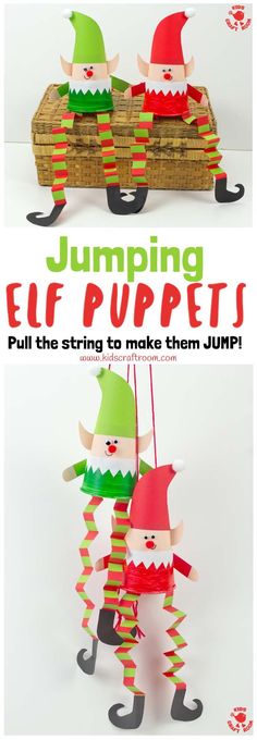 two paper puppets with the words jumping elf puppets on them and an image of santa claus