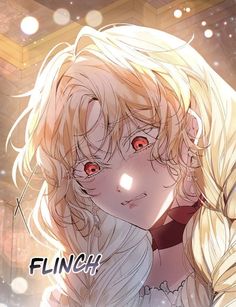 an anime character with blonde hair and red eyes looking at something in the distance behind her