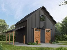 a black barn with two brown doors on the front and one door open to let in light